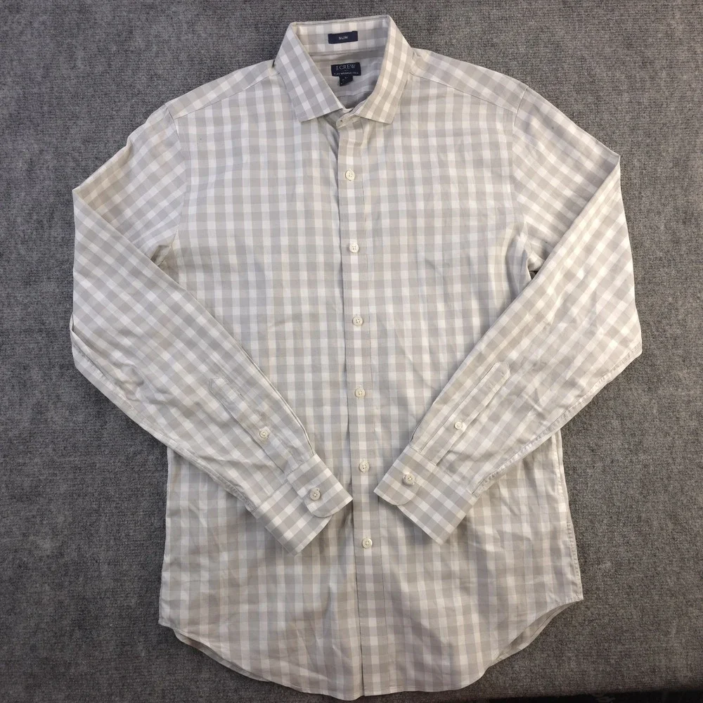 J Crew Flex Wrinkle Free Shirt Medium Slim Fit 15 15.5 Gray Plaid Long Sleeve